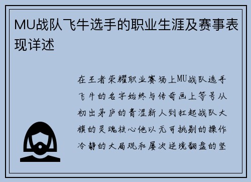 MU战队飞牛选手的职业生涯及赛事表现详述