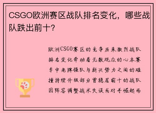 CSGO欧洲赛区战队排名变化，哪些战队跌出前十？